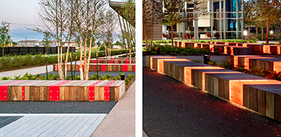 Artistic benches with colored panels by day and backlit at night