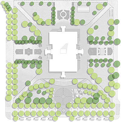 Diagram showing locations of existing and proposed trees, with most new ones added along the street edges