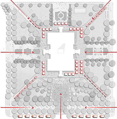 Diagram of the different areas and activities throughout the park, showing food trucks along the south end, spaces for booths in the center and access from each direction at the corners and sides
