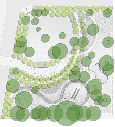 Diagram of existing and proposed tree locations, with new trees concentrated at the edges and along the main walkway