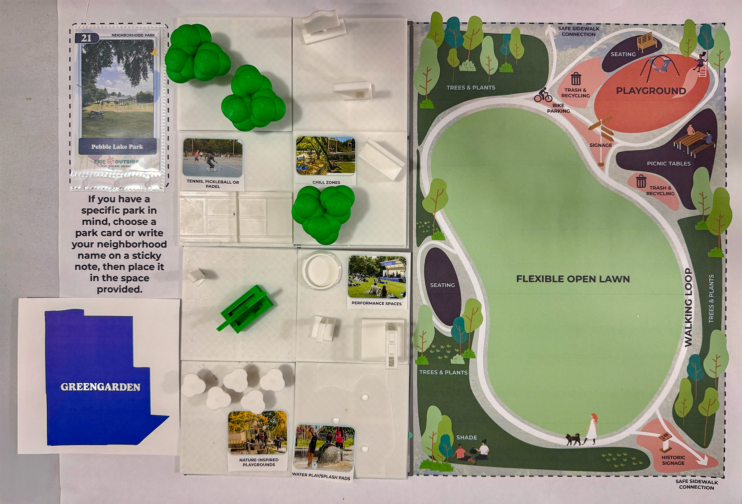 Participants use 3D Park Kits to build their own neighborhood park, adding features and ideas to create a space that reflects what they want to see in their community.