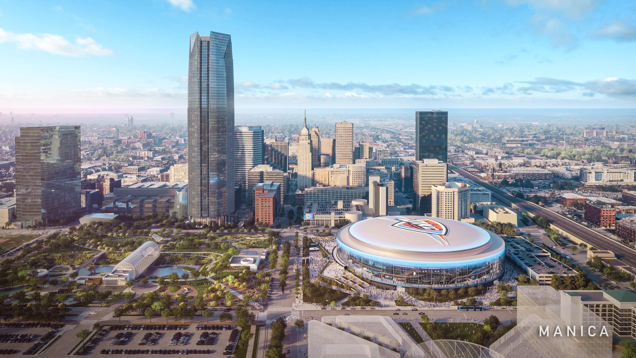 An architectural rendering of the new arena in downtown Oklahoma City.