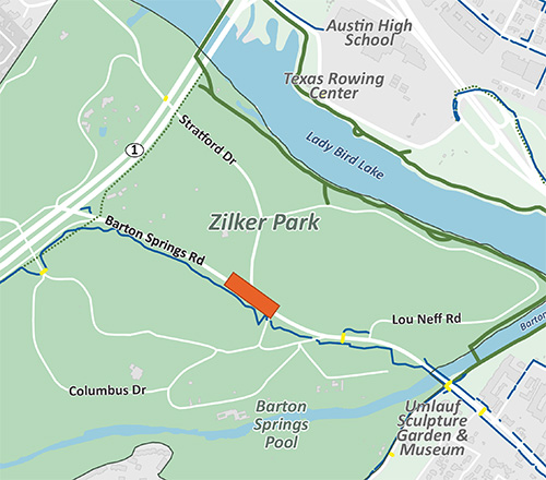 Diagram highlighting the portion of Barton Springs Road where improvement is recommended, centered on the intersection with Stratford Drive