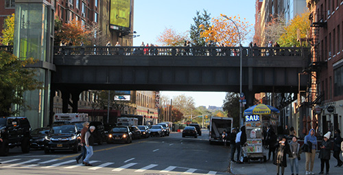 Pedestrian overpass connecting buildings one story above the road