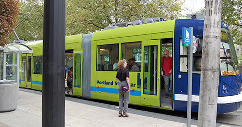 Streetcar with a boarding passenger