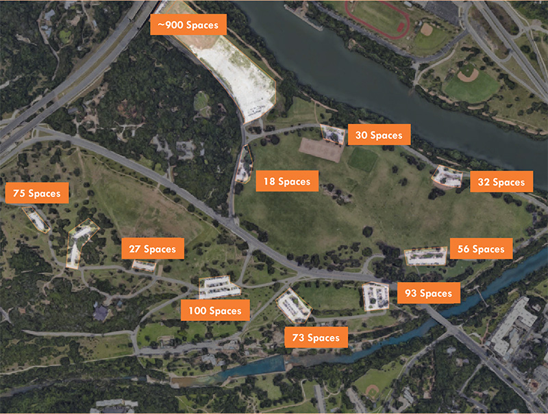 Diagram of eleven existing parking areas around the park
